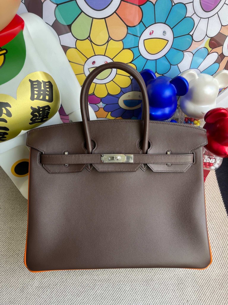 Hermès（爱马仕）Birkin 铂金包 Swift 巧克力色拼橙色 银扣 35cm 马蹄印 顶级手缝 定制