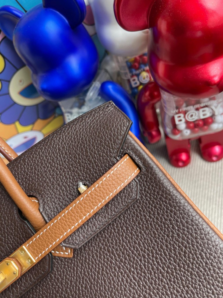 Hermès（爱马仕）Birkin 铂金包 原厂小牛皮 togo 乌木色 拼 金棕色 金扣 马蹄印 25cm