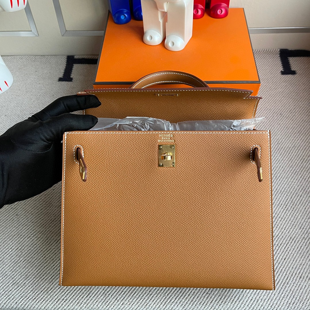 Hermès（爱马仕）Kelly 凯莉包 Epsom 原厂掌纹皮 ck37 金棕色 Gold 金扣 25cm 顶级手缝