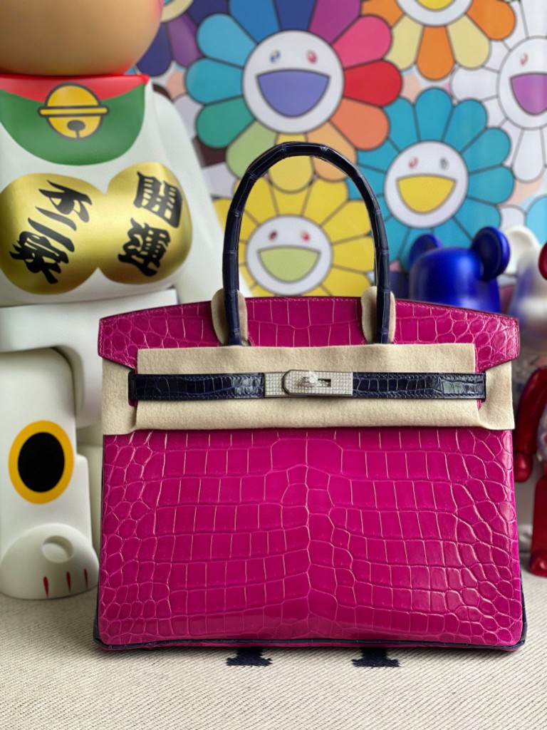Hermès（爱马仕）Birkin 铂金包 Crocodile shiny 亮面鳄鱼 J5 天方夜谭粉紫 拼 宝石蓝 钻扣银扣 30cm 特别定制
