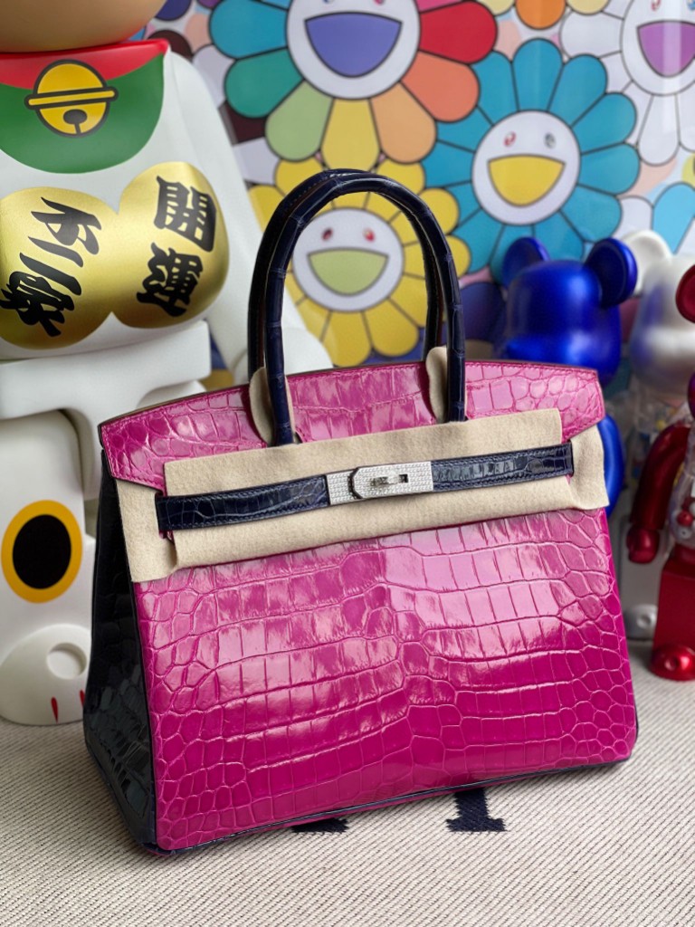 Hermès（爱马仕）Birkin 铂金包 Crocodile shiny 亮面鳄鱼 J5 天方夜谭粉紫 拼 宝石蓝 钻扣银扣 30cm 特别定制