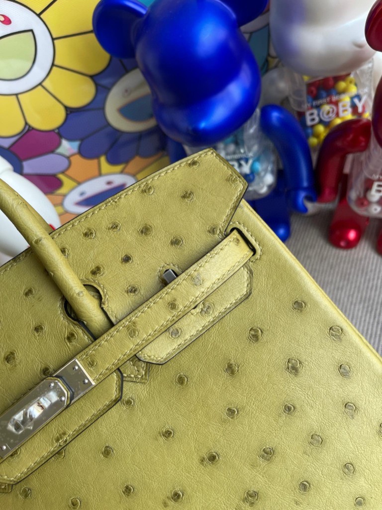 Hermès（爱马仕）Birkin 铂金包 Ostrich kk鸵鸟 草绿色 银扣 25cm 顶级手缝