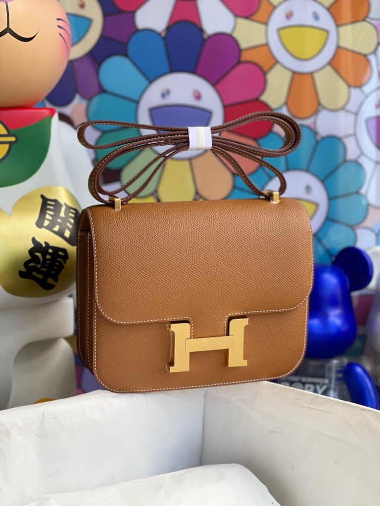 Hermès（爱马仕）Constance 空姐包 Epsom 原厂掌纹皮 ck37 金棕色 gold 金扣 18cm 顶级手缝