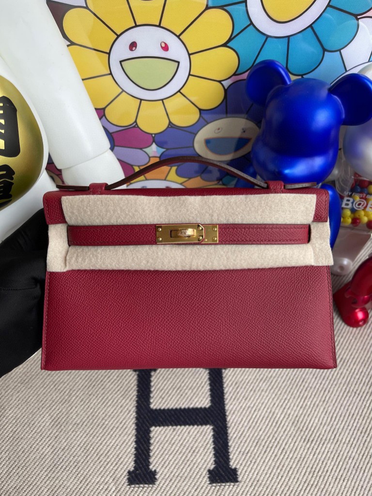 Hermès（爱马仕）Mini pochette Epsom 原厂掌纹皮 k1 石榴红 金扣 22cm 手拿包 晚宴包