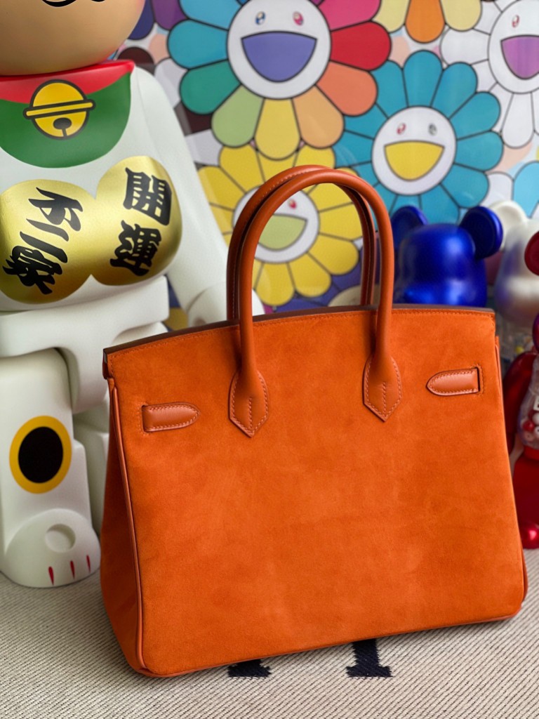 Hermès（爱马仕）Birkin 铂金包 麂皮 橙色拼boxcalf 橙色 银扣 30cm 顶级手缝 定制