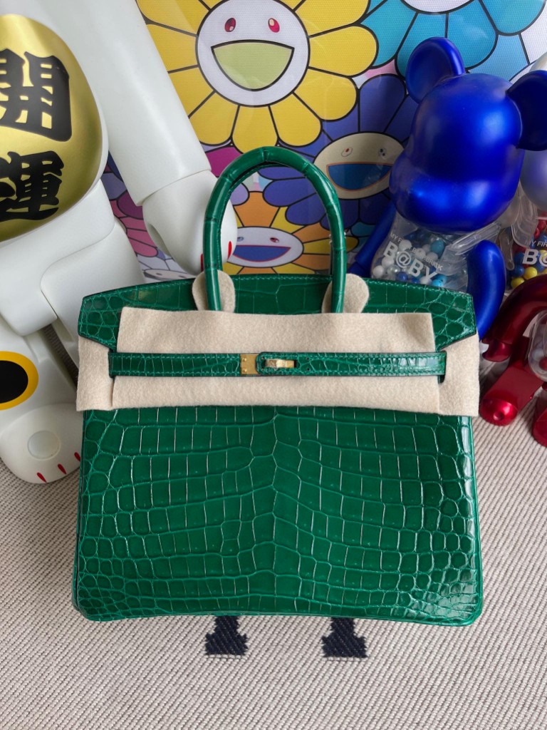 Hermès（爱马仕）Birkin 铂金包 Crocodile shiny 亮面鳄鱼 6Q翡翠绿 金扣 25cm 顶级手缝 定制