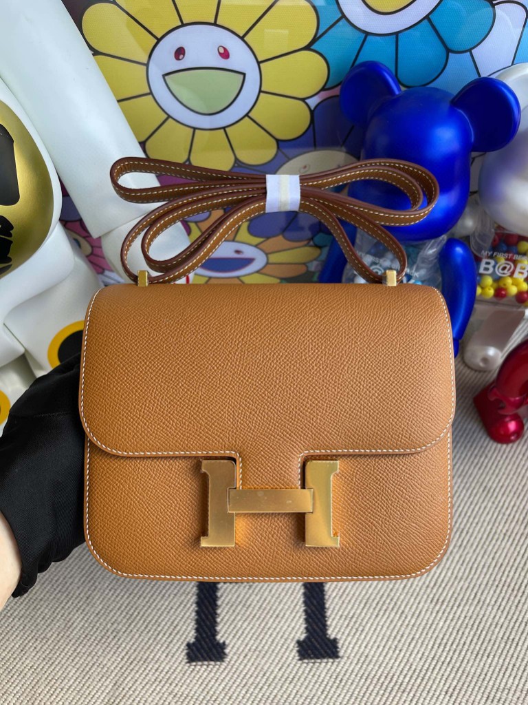 Hermès（爱马仕）Constance 空姐包 Epsom 原厂掌纹皮 ck37 金棕色 gold 金扣 18cm 顶级手缝