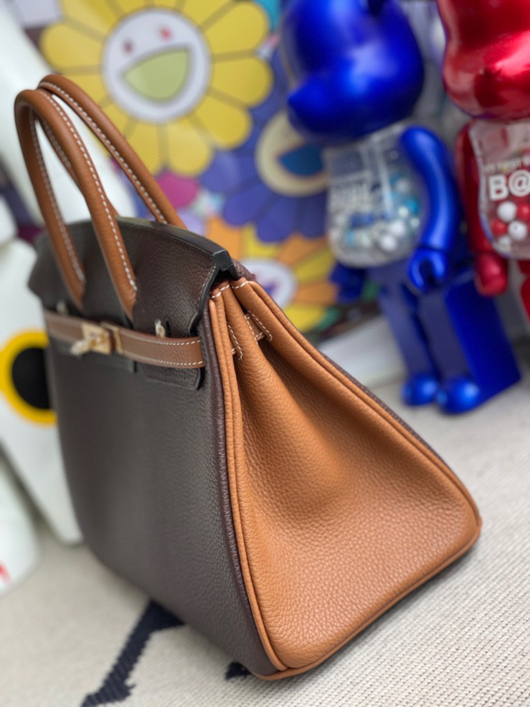Hermès（爱马仕）Birkin 铂金包 原厂小牛皮 togo 乌木色 拼 金棕色 金扣 马蹄印 25cm