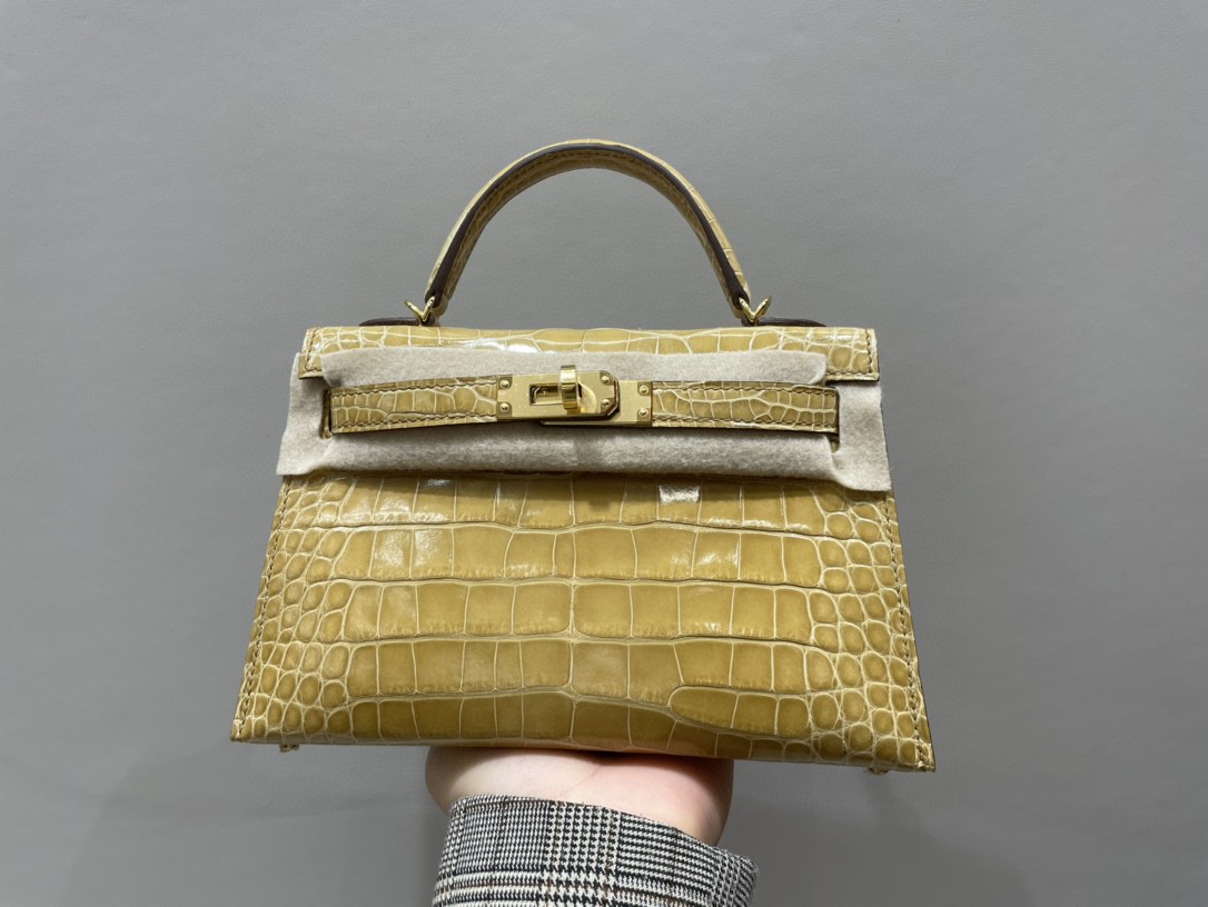 Hermès（爱马仕）Mini kelly ll Alligator shiny 亮面鳄鱼 杏黄 金扣 顶级手缝 现货