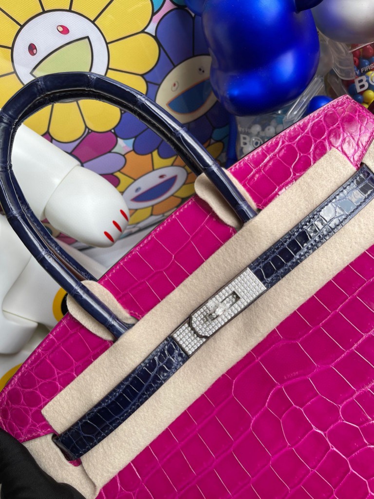 Hermès（爱马仕）Birkin 铂金包 Crocodile shiny 亮面鳄鱼 J5 天方夜谭粉紫 拼 宝石蓝 钻扣银扣 30cm 特别定制