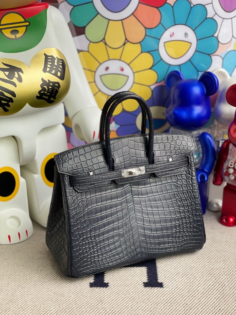 Hermès（爱马仕）Birkin 铂金包 Crocodile matt 雾面鳄鱼 CK76 深海蓝 Blue indigo 银扣 25cm 顶级手缝