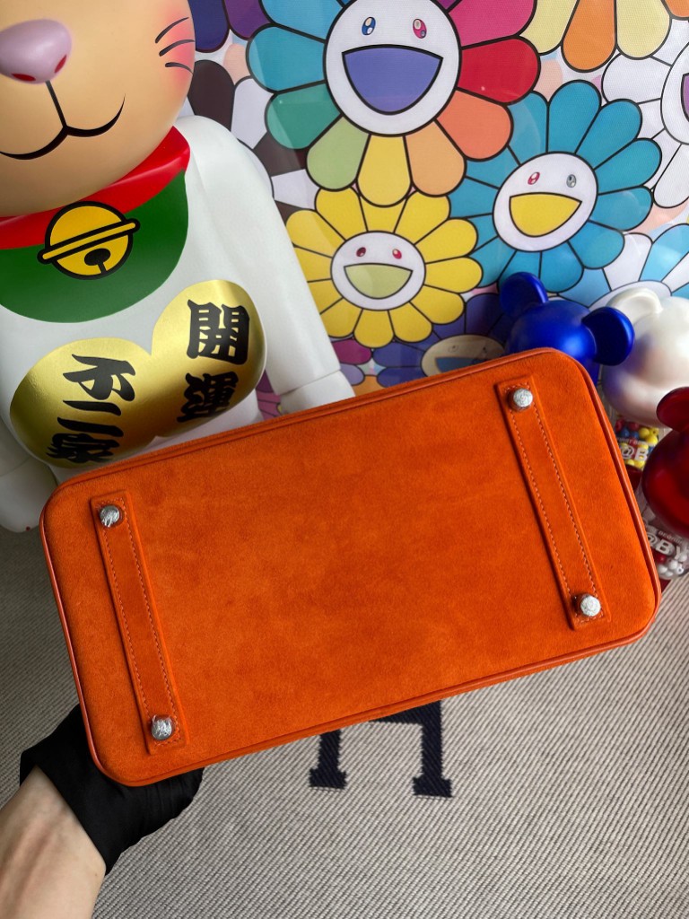 Hermès（爱马仕）Birkin 铂金包 麂皮 橙色拼boxcalf 橙色 银扣 30cm 顶级手缝 定制