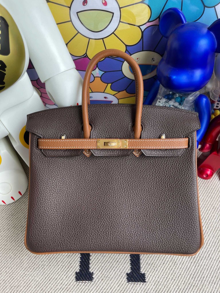 Hermès（爱马仕）Birkin 铂金包 原厂小牛皮 togo 乌木色 拼 金棕色 金扣 马蹄印 25cm