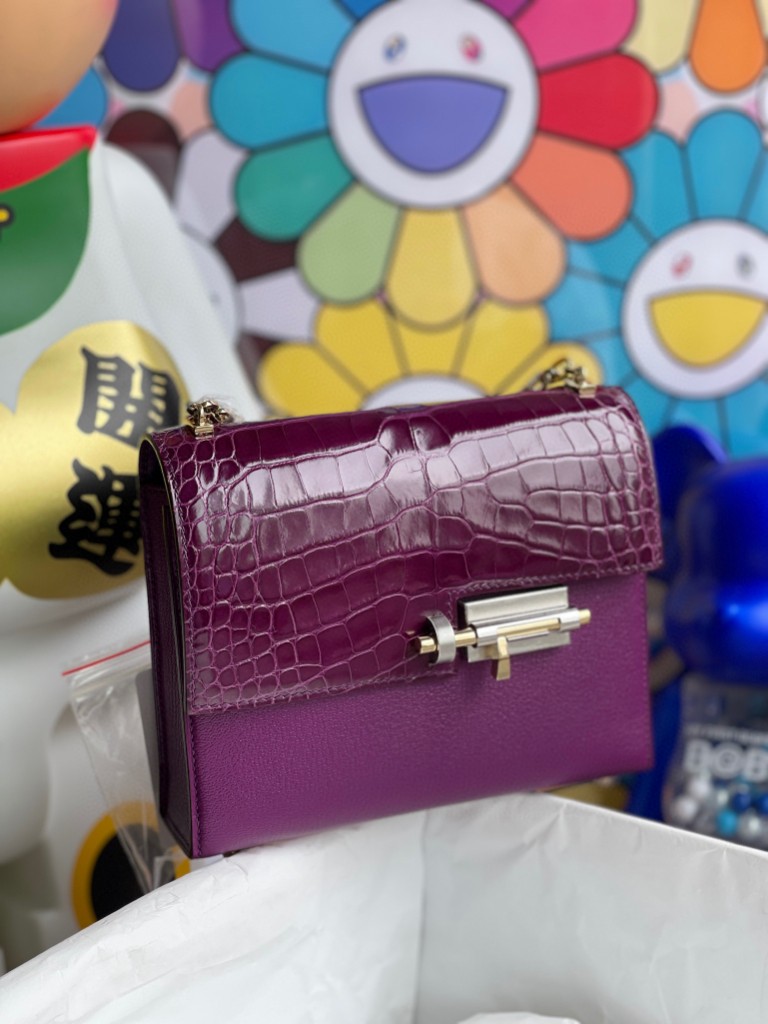 Hermès（爱马仕）Verrou 插销包 Chevre 海葵紫 拼 加仑紫 亮面鳄鱼 双拼扣 17cm