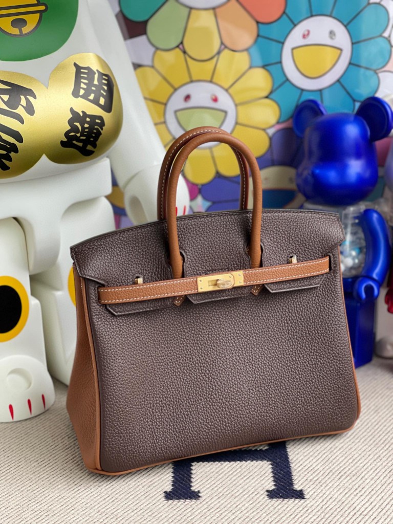 Hermès（爱马仕）Birkin 铂金包 原厂小牛皮 togo 乌木色 拼 金棕色 金扣 马蹄印 25cm