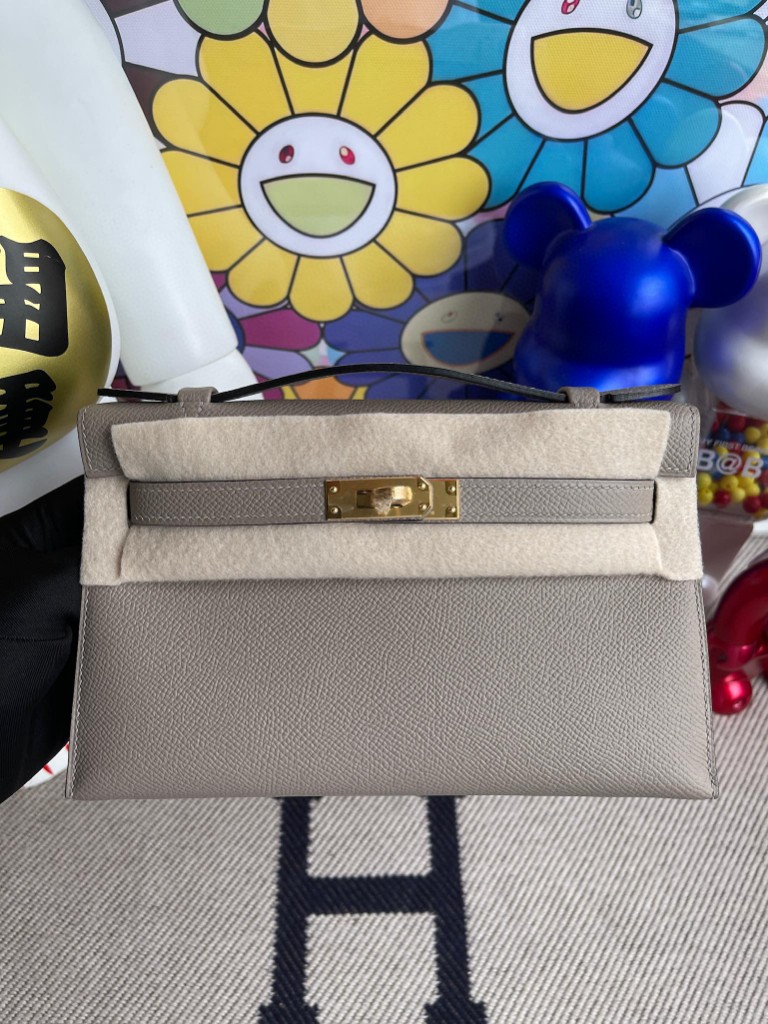 Hermès（爱马仕）Mini pochette Epsom 原厂掌纹皮 M8 沥青灰 Gris ashpite  金扣 22cm 手拿包 晚宴包
