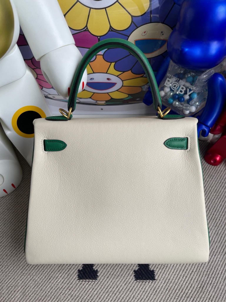 Hermès（爱马仕）Kelly 凯莉包 Evecolor ck10 奶昔白 拼丝绒绿 磨砂金扣 马蹄印 25cm 顶级手缝