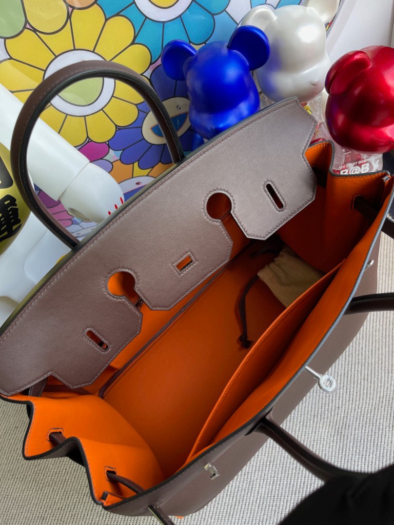 Hermès（爱马仕）Birkin 铂金包 Swift 巧克力色拼橙色 银扣 35cm 马蹄印 顶级手缝 定制