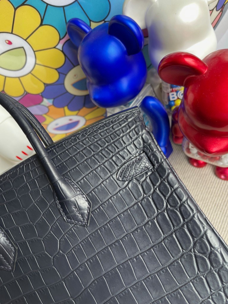 Hermès（爱马仕）Birkin 铂金包 Crocodile matt 雾面鳄鱼 CK76 深海蓝 Blue indigo 银扣 25cm 顶级手缝