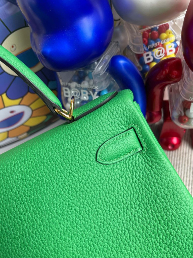 Hermès（爱马仕）kelly 凯莉包 原厂小牛皮 togo 1K 竹子绿 Bamboo 金扣 28cm 顶级手缝