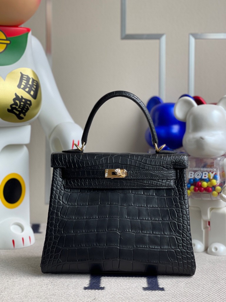 Hermès（爱马仕）Kelly 凯莉包 Alligator matt 雾面鳄鱼 ck89 黑色 Noir 金扣 25cm 顶级手缝 现货