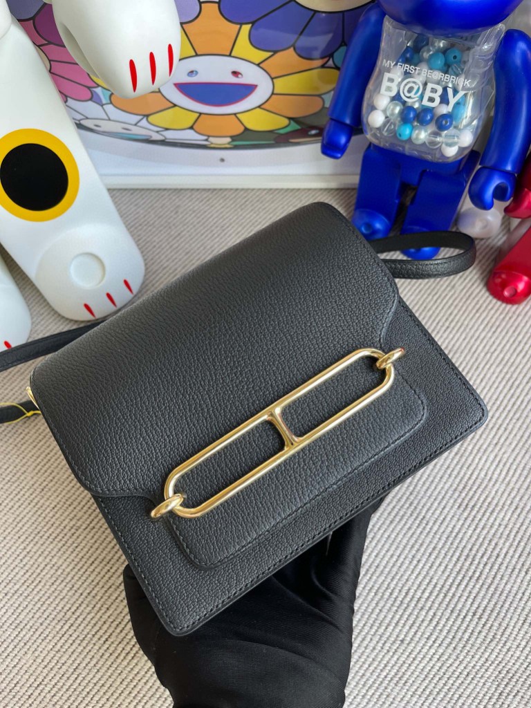 Hermès（爱马仕）Roulis 猪鼻子 Chevre 山羊皮 ck89 黑色 Noir 浅金色 18cm 顶级手缝