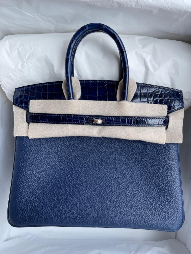 Hermès（爱马仕）Birkin 铂金包 Touch 系列 宝石蓝 亮面鳄鱼 金扣 25cm 顶级手缝