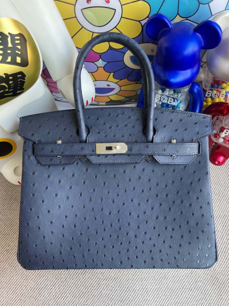 Hermès（爱马仕）Birkin 铂金包 Ostrich kk鸵鸟 马耳他蓝 银扣 30cm 顶级手缝