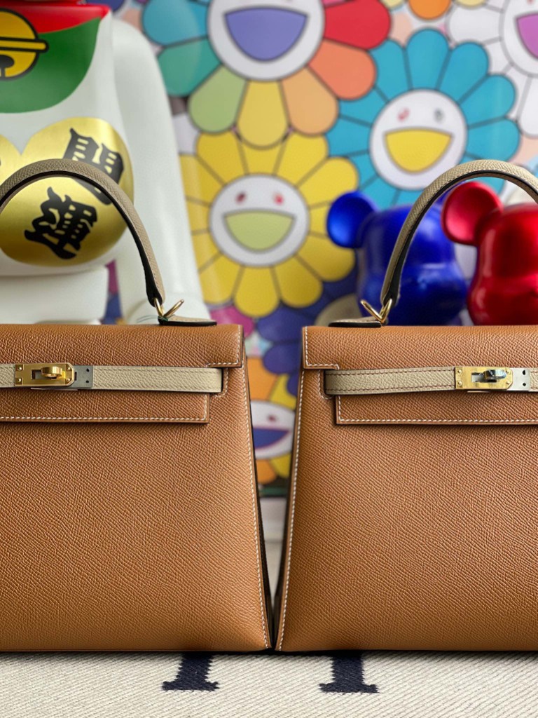 Hermès（爱马仕）Kelly 凯莉包 Epsom 原厂掌纹皮 ck37 金棕色 拼 S2 风衣灰 金扣 25cm 马蹄印 顶级手缝