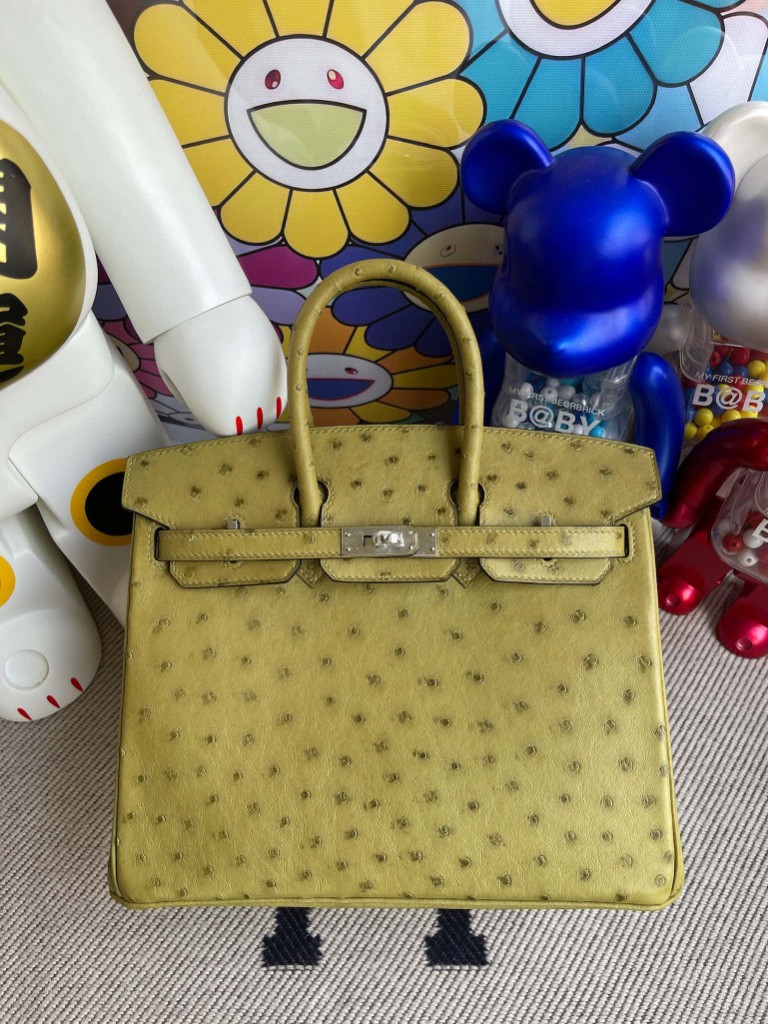 Hermès（爱马仕）Birkin 铂金包 Ostrich kk鸵鸟 草绿色 银扣 25cm 顶级手缝