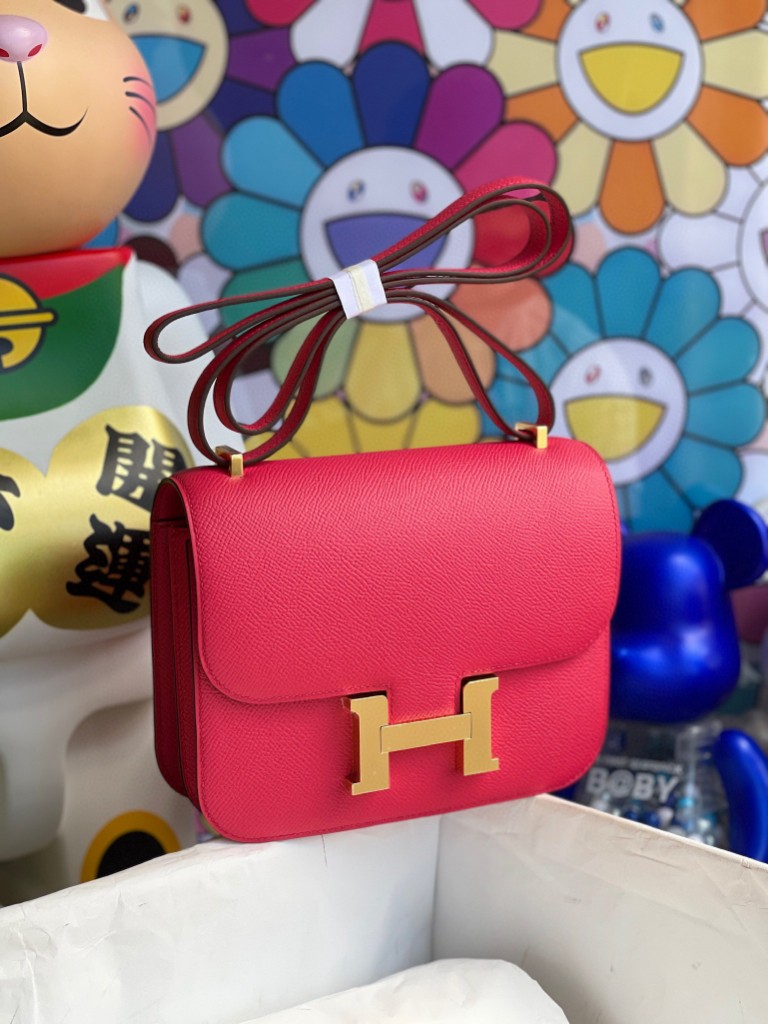 Hermès（爱马仕）Constance 空姐包 Epsom 原厂掌纹皮 i6 极致粉 金扣 18cm 顶级手缝