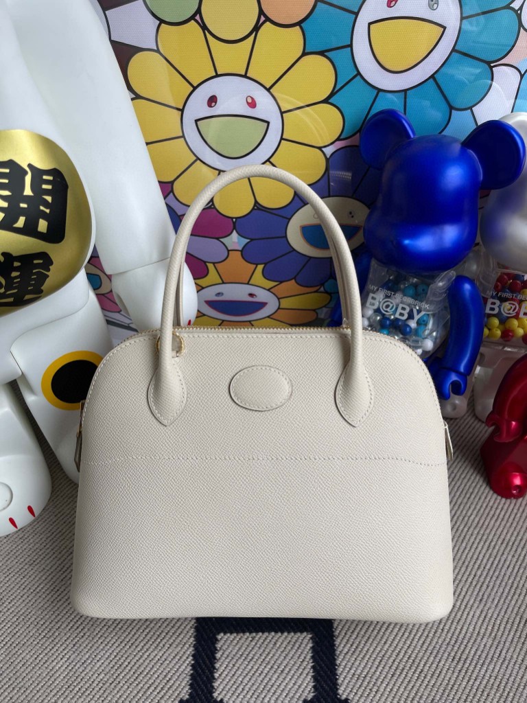Hermès（爱马仕）Bolide 保龄球包 Epsom 原厂掌纹皮 ck10 奶昔白 Craie 金扣 27cm 顶级手缝