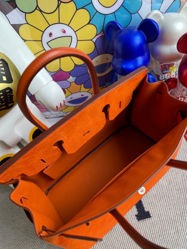 Hermès（爱马仕）Birkin 铂金包 麂皮 橙色拼boxcalf 橙色 银扣 30cm 顶级手缝 定制