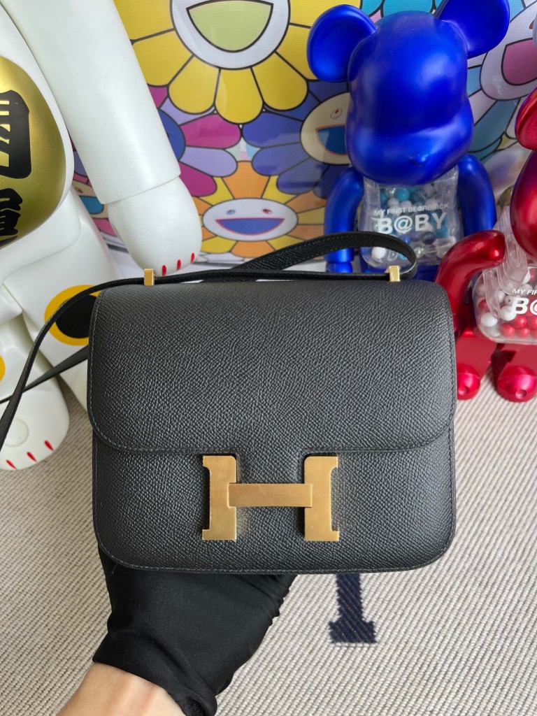 Hermès（爱马仕）Constance 空姐包 Epsom 原厂掌纹皮 ck89 黑色 Noir 金扣 18cm 顶级手缝