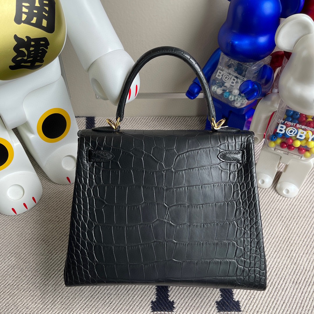 Hermès（爱马仕）Kelly 凯莉包 Alligator matt 雾面鳄鱼 ck89 黑色 Noir 金扣 25cm 顶级手缝 现货