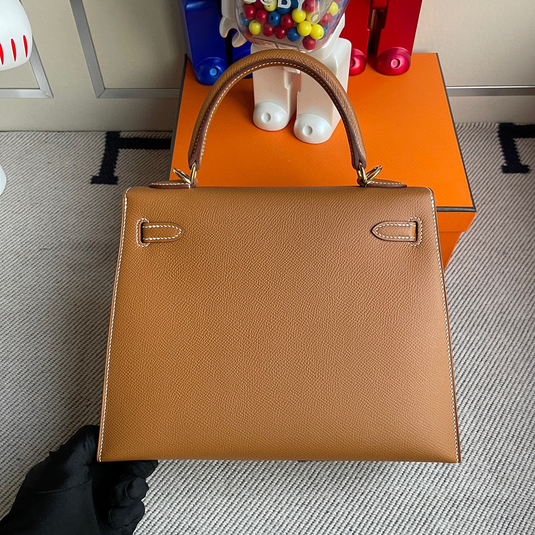 Hermès（爱马仕）Kelly 凯莉包 Epsom 原厂掌纹皮 ck37 金棕色 Gold 金扣 25cm 顶级手缝