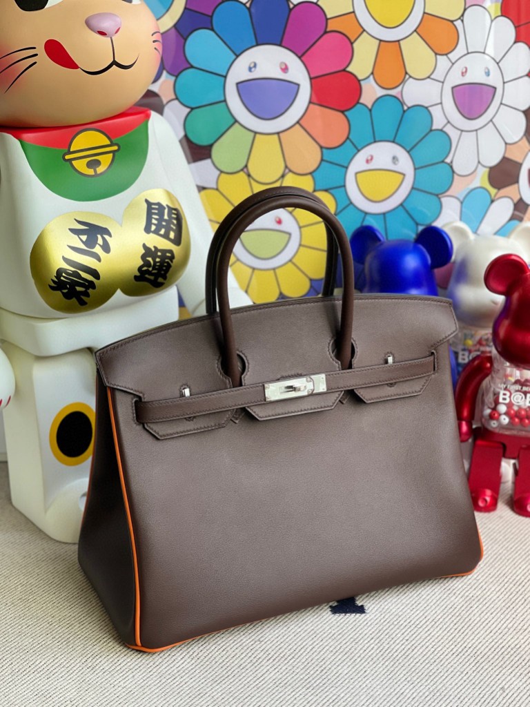 Hermès（爱马仕）Birkin 铂金包 Swift 巧克力色拼橙色 银扣 35cm 马蹄印 顶级手缝 定制