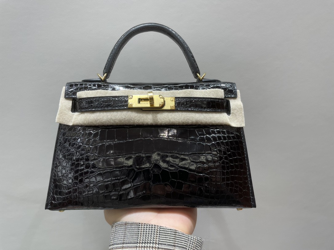 Hermès（爱马仕）Mini kelly ll Alligator shiny 亮面鳄鱼 ck89 黑色 Noir 金扣 顶级手缝 现货