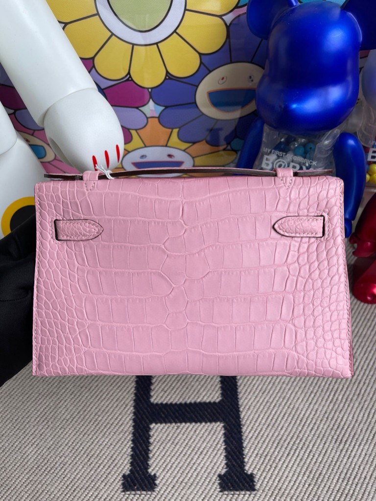 Hermès（爱马仕）Mini kelly pochette alligator matt 雾面鳄鱼 3Q粉 金扣 22cm 顶级手缝 手拿包 晚宴包