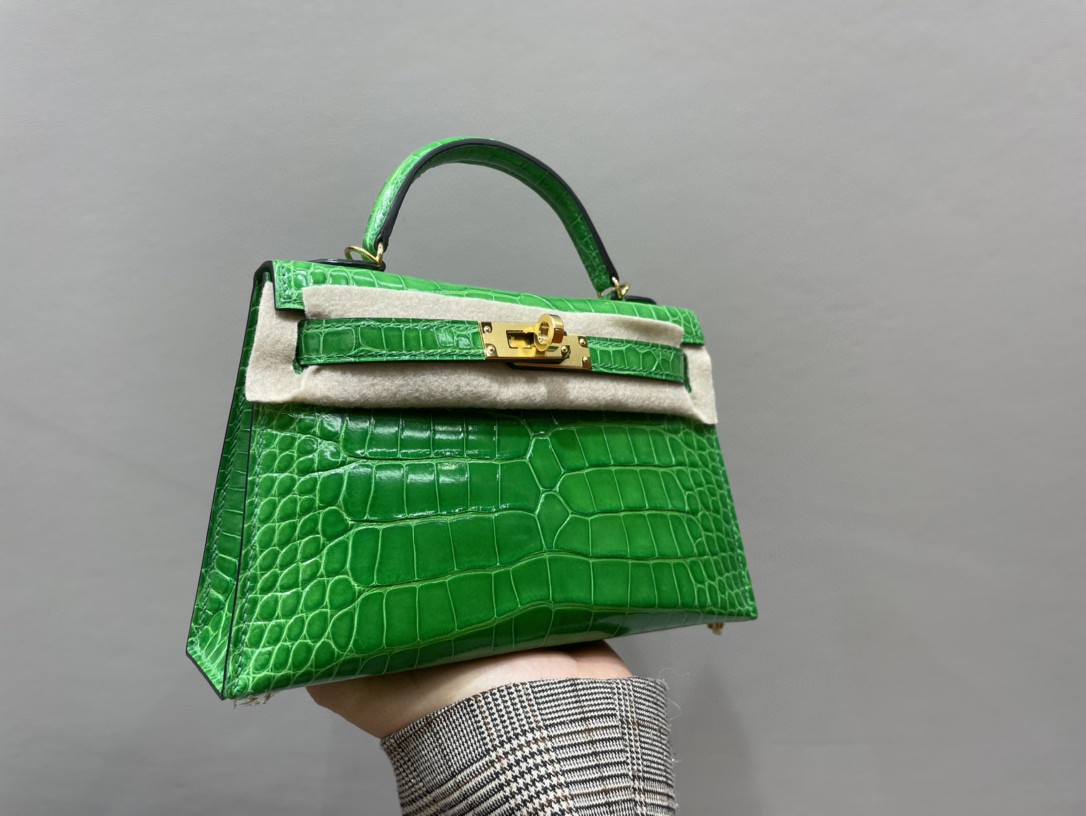 Hermès（爱马仕）Mini kelly ll Alligator shiny 亮面鳄鱼 1L 仙人掌绿 金扣 顶级手缝 现货