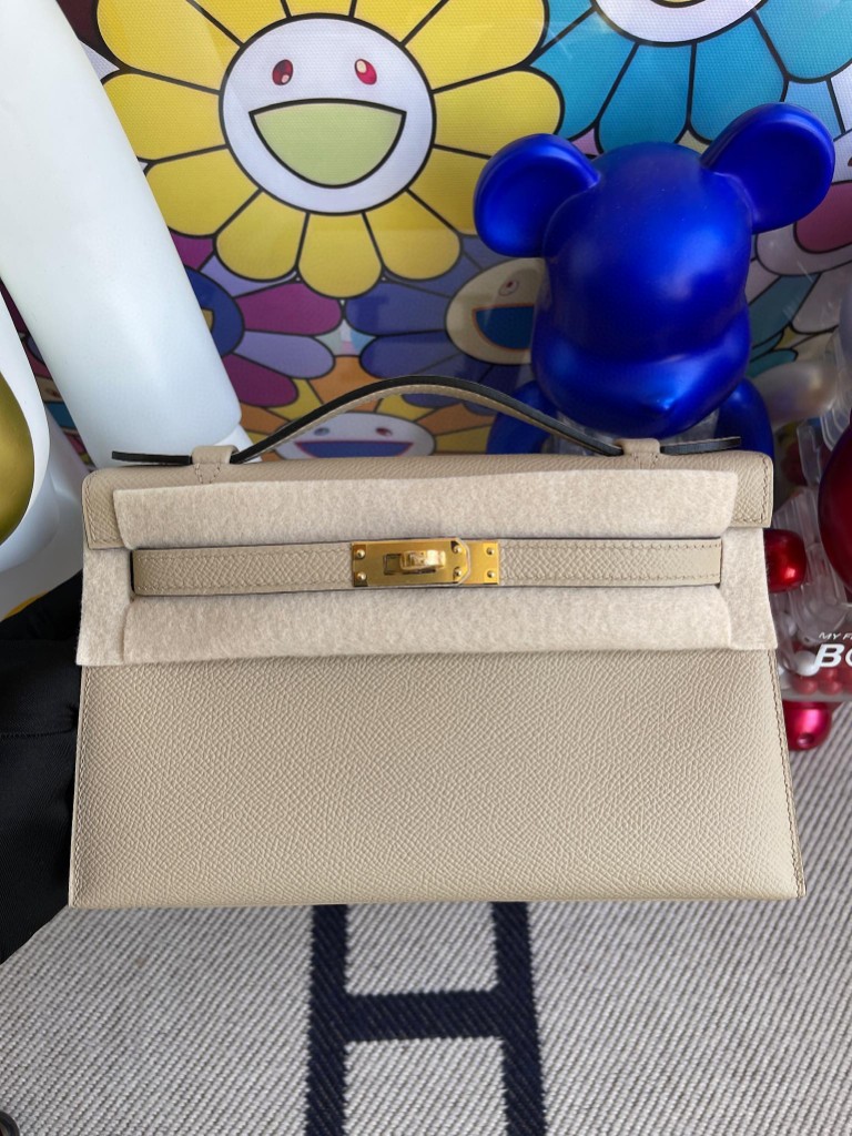 Hermès（爱马仕）Mini kelly pochette Epsom 原厂掌纹皮 S2 风衣灰 Trench 金扣 22cm 顶级手缝 手拿包