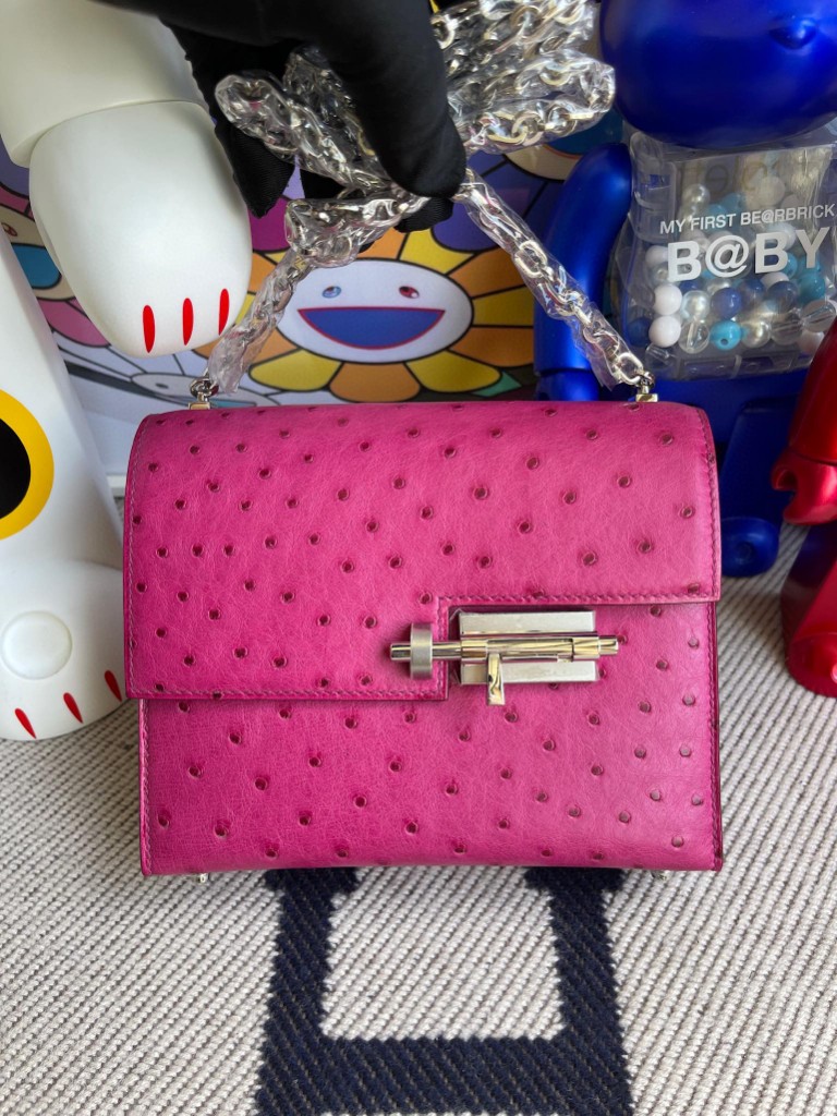 Hermès（爱马仕）Verrou 插销包 Ostrich kk鸵鸟 5J 天方夜谭粉紫 银扣 17cm 顶级手缝
