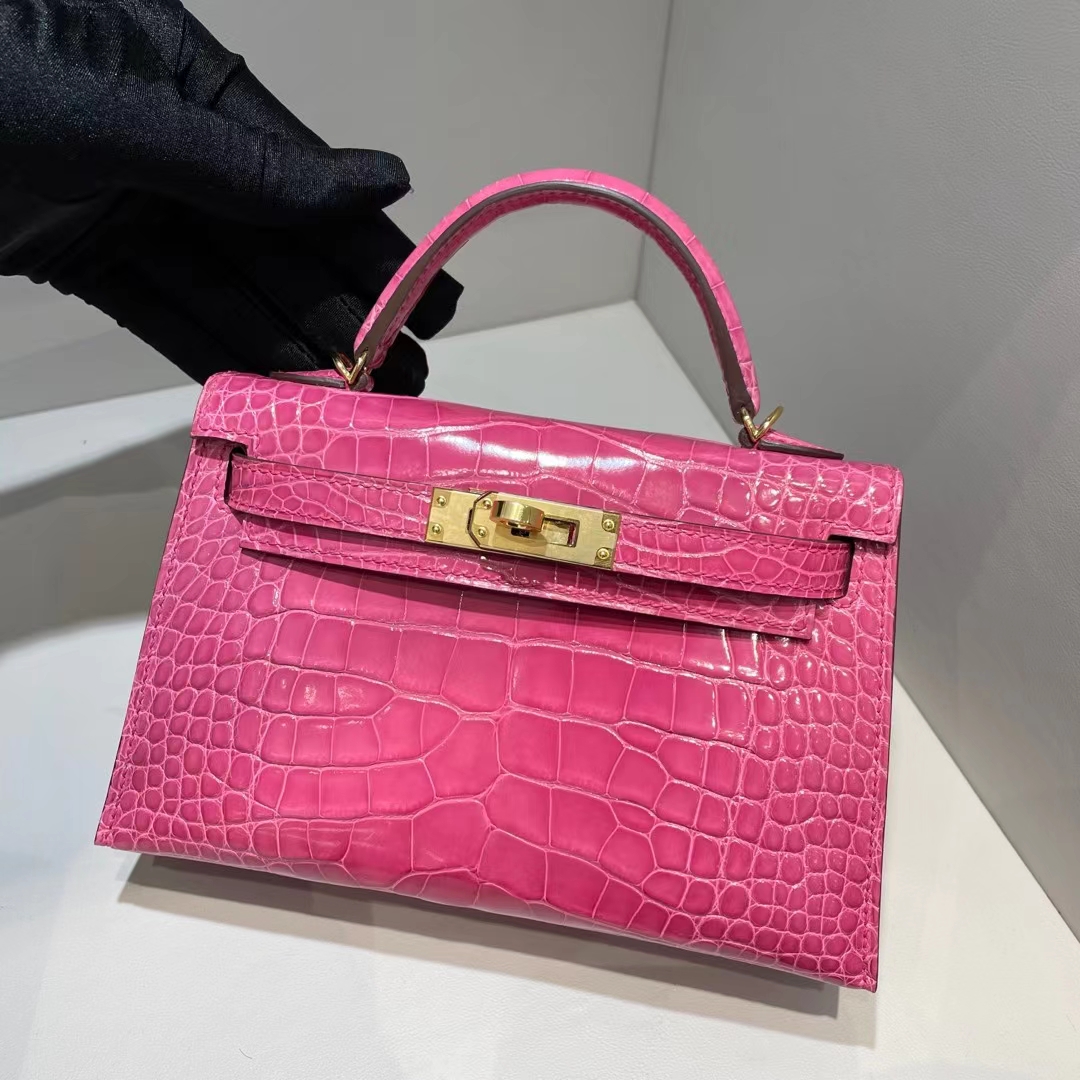 Hermès（爱马仕）Kelly Mini Ⅱ 迷你凯莉 亮面美洲鳄鱼 桃粉色 金扣 19cm Shiny Alligator Crocodile