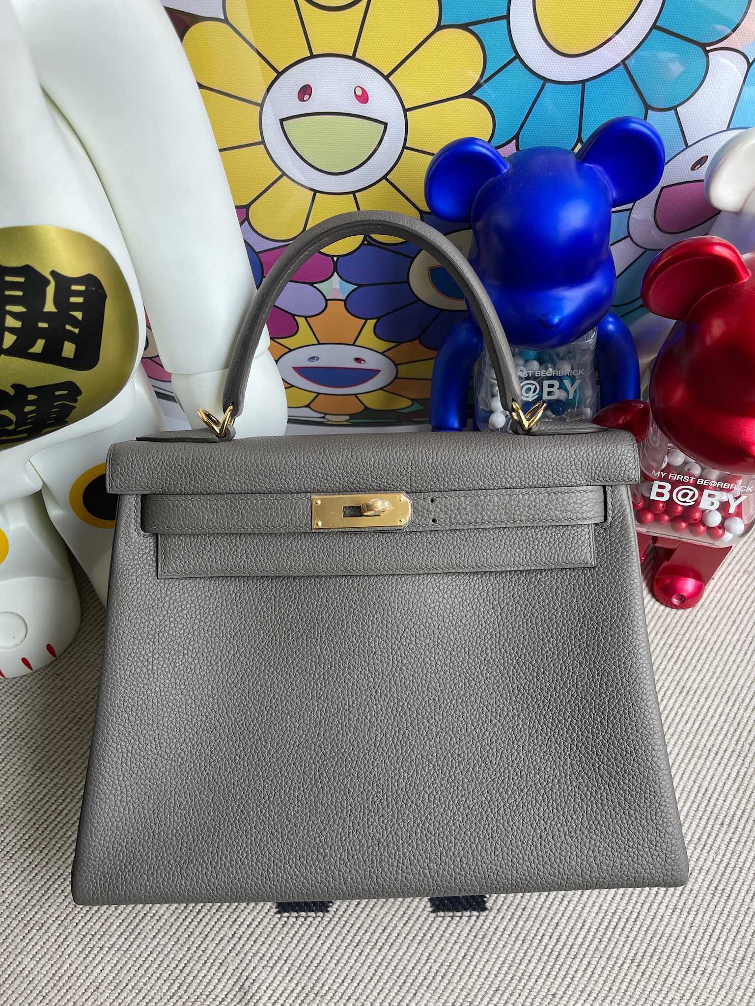Hermès（爱马仕）Kelly 凯莉包 原厂小牛皮 togo 8F 锡器灰 etain 金扣 28cm 顶级手缝