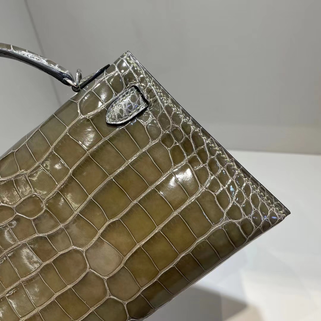 Hermès（爱马仕）Kelly Mini Ⅱ 迷你凯莉 雾面美洲鳄 G8 深橄榄绿 银扣 19cm