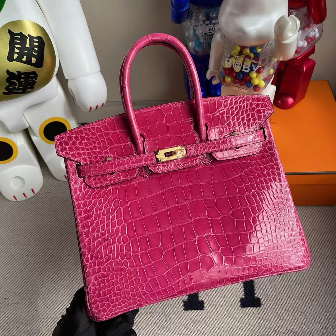 Hermès（爱马仕）Birkin 凯莉包 亮面美洲鳄 5j 桃红色 金扣 Shiny Alligator Crocodile 25cm