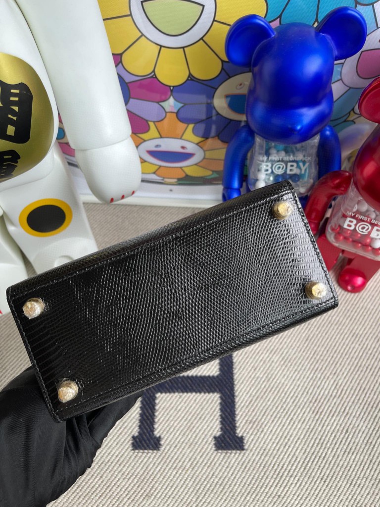Hermès（爱马仕）Kelly 20cm 大耳朵 Lizard 进口亮面蜥蜴 ck89 黑色 Noir 金扣 顶级手缝