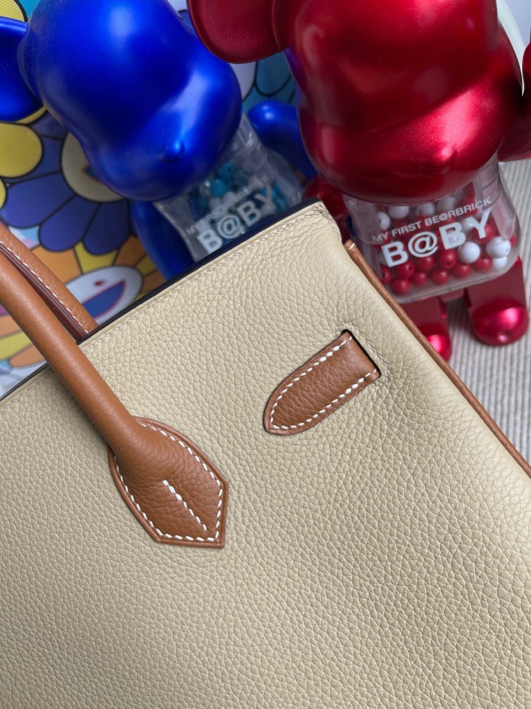 Hermès（爱马仕）Birkin 铂金包 原厂小牛皮  风衣灰拼金棕色 金扣 马蹄印 30cm 顶级手缝