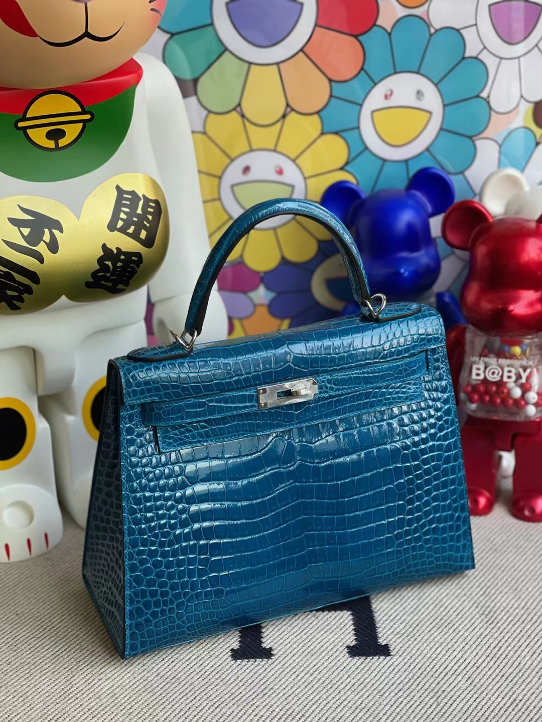 Hermès（爱马仕）Kelly 凯莉包 亮面倒v澳洲湾鳄 shiny alligator crocodile 7w 伊兹密尔蓝 银扣 28cm