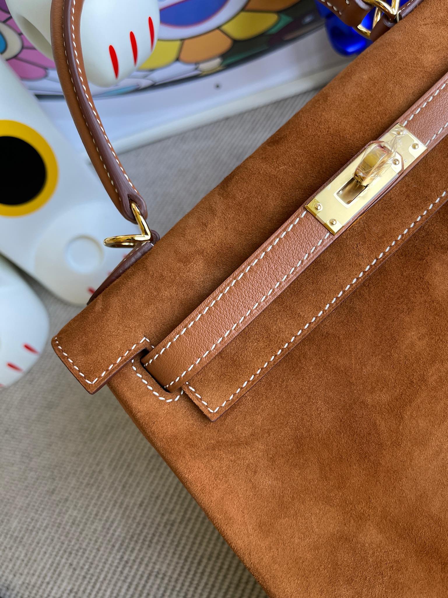 Hermès（爱马仕）Kelly 凯莉包 麂皮 拼 swift 金棕色 金扣 25cm 顶级手缝